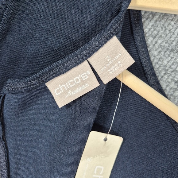 Chico's Travelers Sz 2 US 12 Navy Blue Slinky Midi Dress Crew Neck 3/4 Sleeve - Picture 3 of 5